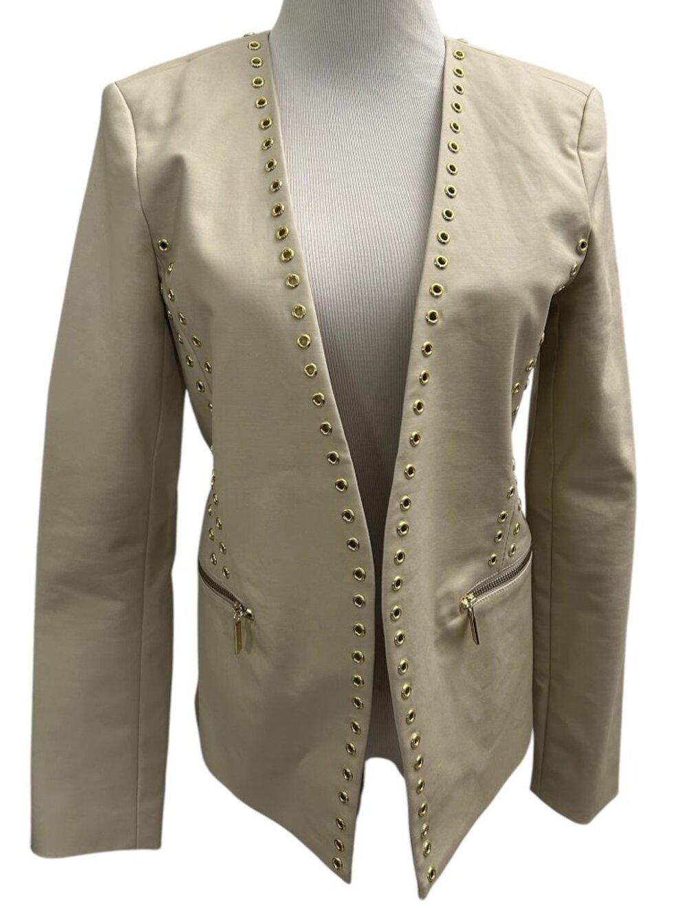 Michael Kors Women's Size 8 Beige Ivory Gold Grommet Cutaway Zippers Jacket NEW